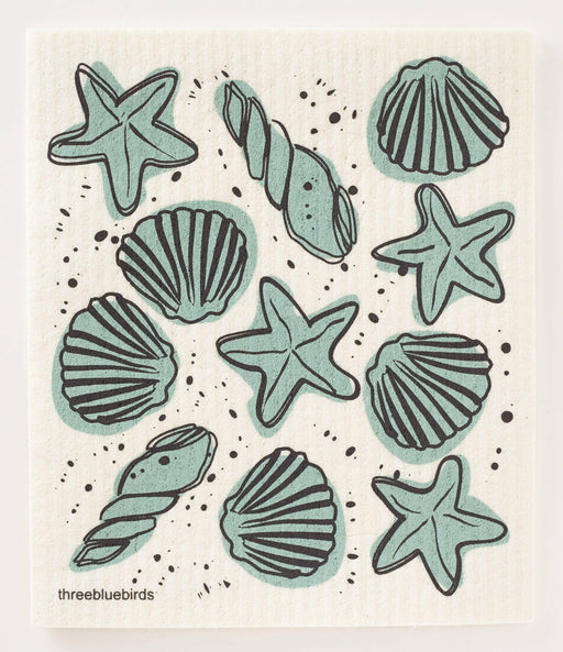 Three Bluebirds Swedish Dishcloths featuring whimsical starfish and seashell drawings, ideal for sustainable and stylish cleaning. Durable, biodegradable, perfect for adding cheer to kitchen chores.