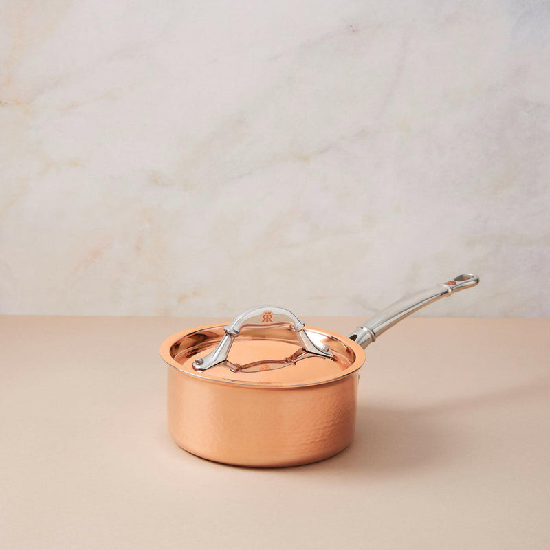 Ruffoni | Symphonia Cupra Saucepans - 1.5 Quart: A hammered copper saucepan with a lid and ergonomic handle, ideal for small portions and enhancing kitchen elegance.