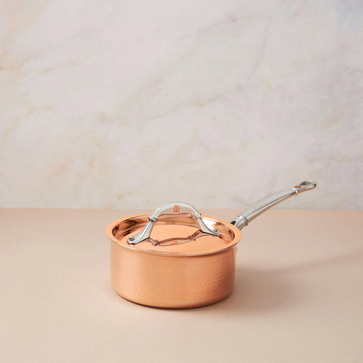 Ruffoni | Symphonia Cupra Saucepans - 1.5 Quart: A hammered copper saucepan with a lid and ergonomic handle, ideal for small portions and enhancing kitchen elegance.