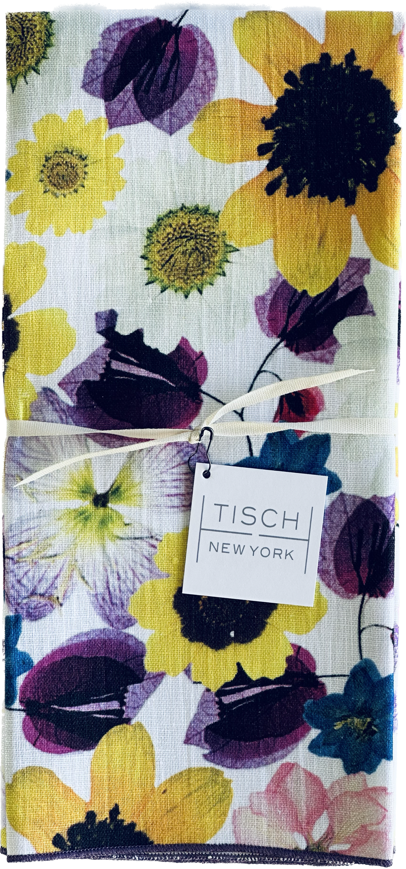 Tisch New York | Tea Towels - Floral: Close-up of a quilted fabric featuring sunflower art, ideal for enhancing kitchen aesthetics. Sold individually, 17 x 25, made in USA.