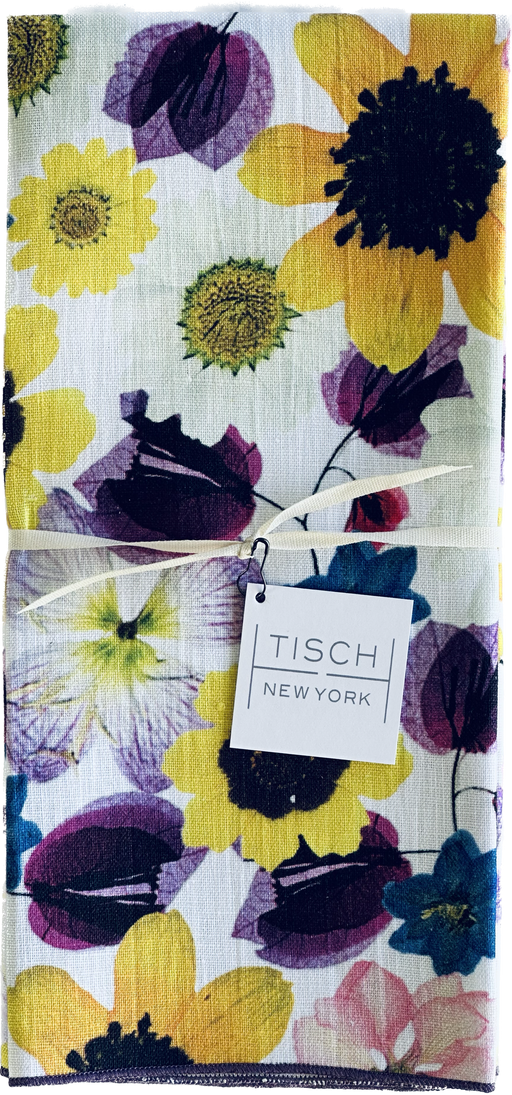 Tisch New York | Tea Towels - Floral: Close-up of a quilted fabric featuring sunflower art, ideal for enhancing kitchen aesthetics. Sold individually, 17 x 25, made in USA.
