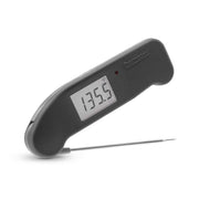 ThermoWorks Thermapen ONE - Purple, featuring easy battery access, auto-rotating display, motion-sensing mode, and waterproof design, ideal for precise, quick cooking measurements.