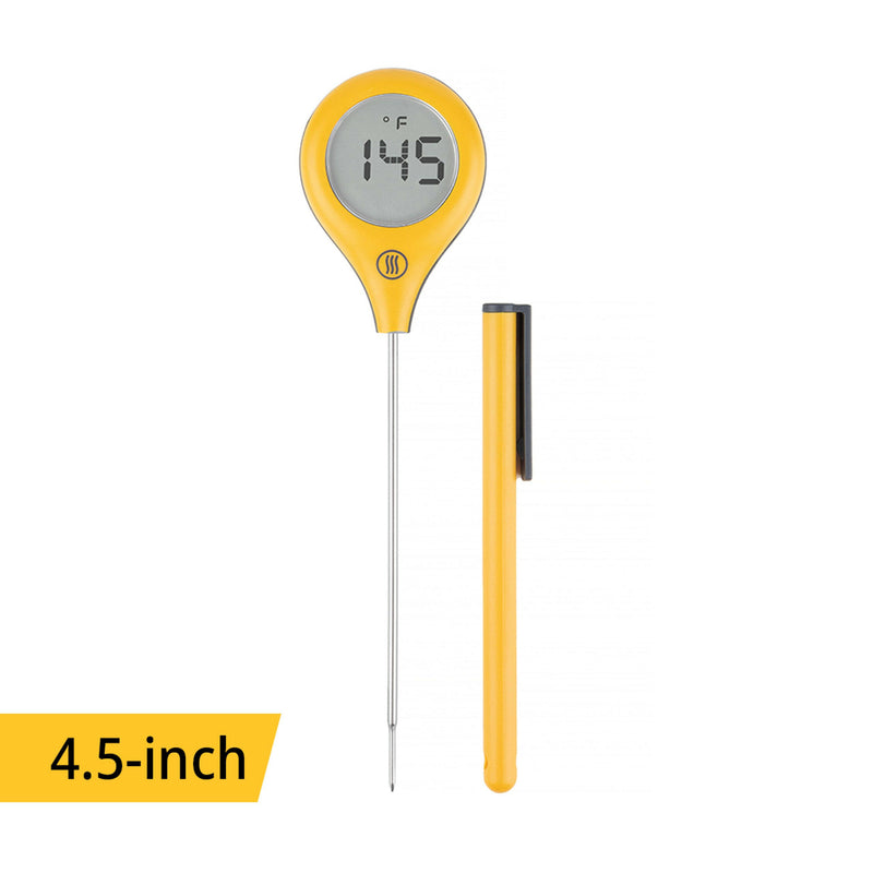 ThermoWorks ThermoPop 2 Thermometer with ergonomic design and auto-rotating screen, offers fast, accurate readings; ideal for versatile cooking applications in kitchens.