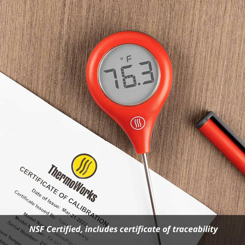 ThermoWorks ThermoPop 2 Thermometer with auto-rotating screen, ergonomic design, and waterproof seal, perfect for accurate, quick readings in kitchen settings.