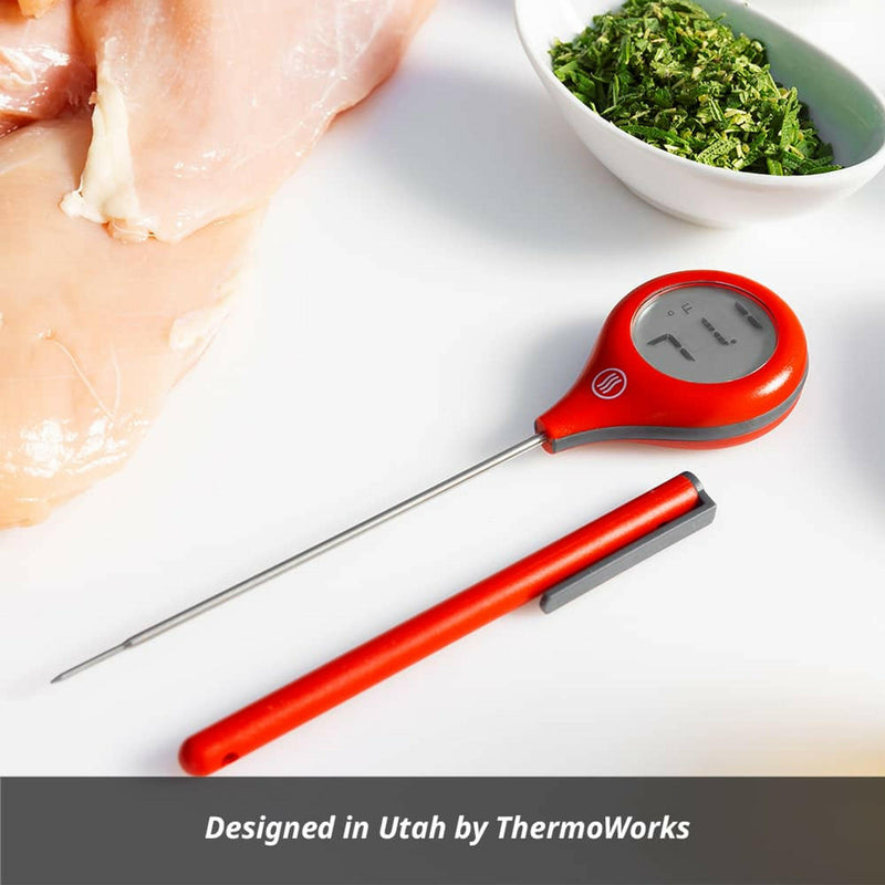 ThermoWorks | ThermoPop 2 Thermometer - Pink, featuring a compact, ergonomic design with an auto-rotating backlit display, ideal for fast, accurate kitchen temperature readings.