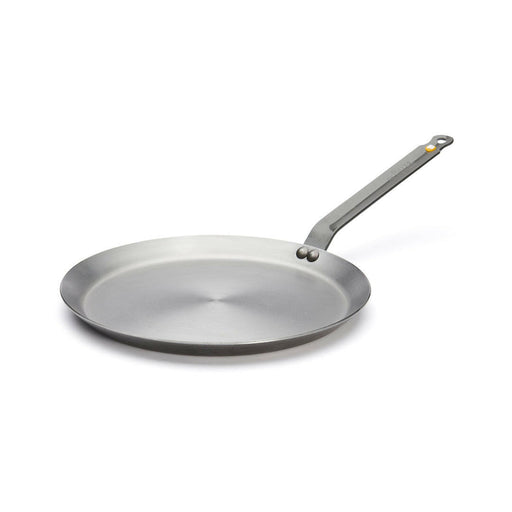 de Buyer | Mineral B Carbon Steel Crepe + Tortilla Pan - 10.25, crafted from carbon steel, features a smooth surface ideal for cooking crepes and tortillas.