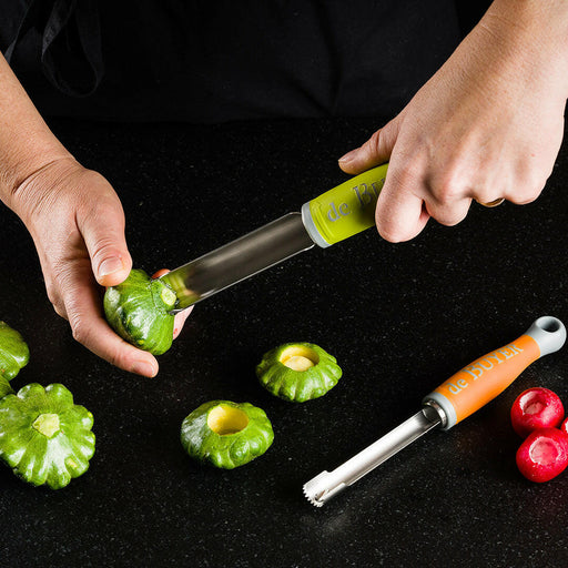 de Buyer | Universal Corer - Red, featuring stainless steel construction and ergonomic handle, ideal for effortlessly coring fruits and vegetables with patented pull technology.