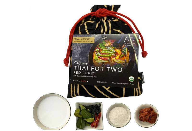 Thai for Two Green Curry Cooking Kit featuring organic ingredients for an authentic Thai meal, perfect for two people. Complete with reusable bag.