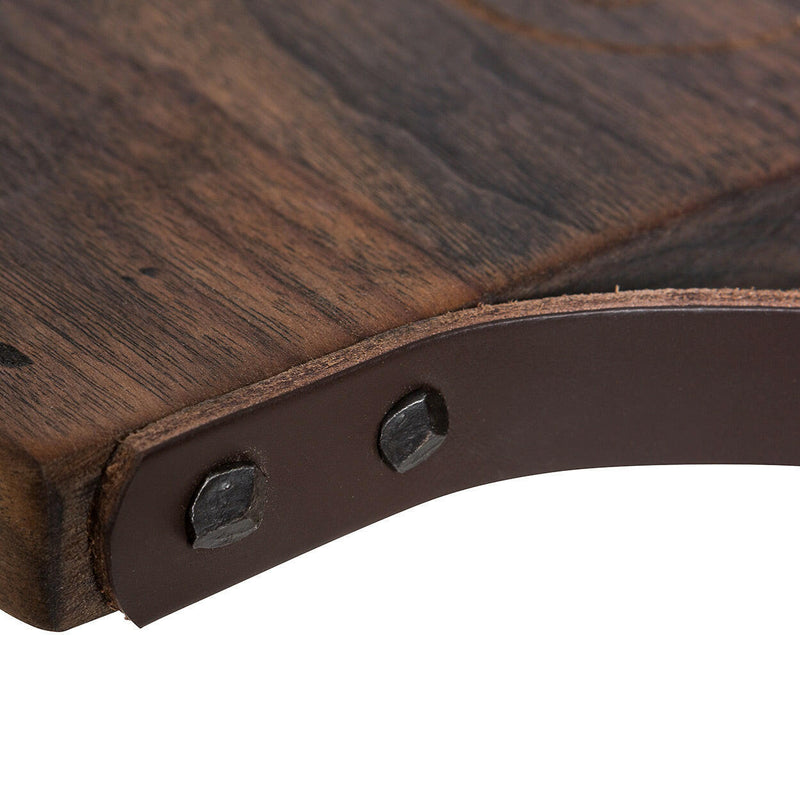 J.K. Adams Rustic Rectangle Serving Board with leather handle and antique nails, ideal for serving dishes to 6-10 people.