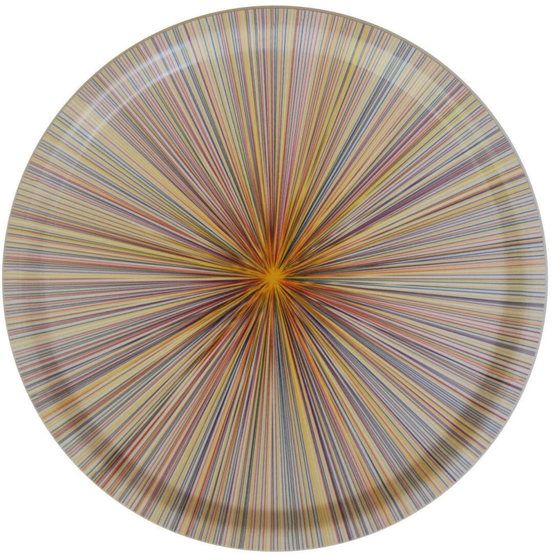 Tisch New York | Yellow Multi Lines Tray - Round: Handmade Swedish birchwood tray, 17.5 diameter, features colorful lines, dishwasher safe up to 200°F, ideal for serving.