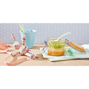 Le Parfait Super Jar - 1L with layered purée, nestled among baby feeding essentials, showcases versatile, eco-friendly French glass design for preserving and storing kitchen staples.