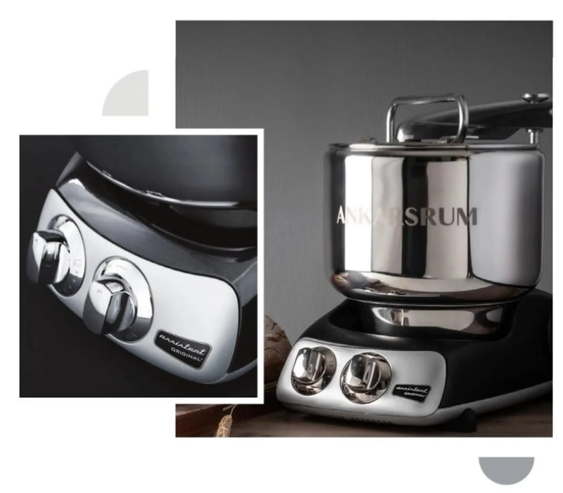 Ankarsrum Assistent Original stand mixer with stainless-steel bowl and chrome dials on black base, ideal for versatile baking and cooking needs.