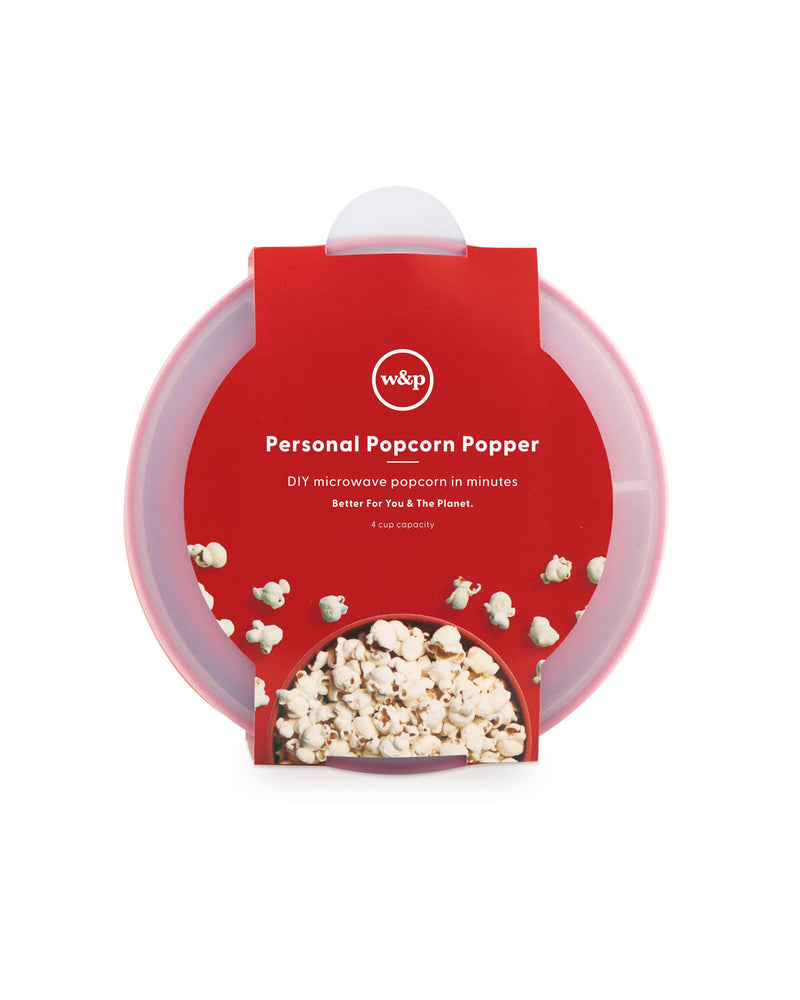 W&P Popcorn Popper Silicone Reusable Maker - Personal Mini Red, collapsible, dishwasher-safe, ideal for waste-free popcorn making, includes a measuring lid, perfect for small kitchens.