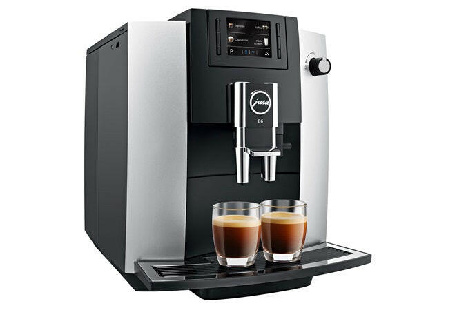Jura | E6 - Fully Automatic Espresso + Coffee Machine featuring AromaG3 grinder and Pulse Extraction Process, displayed with user-friendly TFT color display and Intelligent Water System.