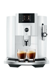 JURA E8 Coffee Machine, Piano Black, showcasing its sleek design and advanced features for brewing 17 specialty coffees, ideal for coffee enthusiasts.