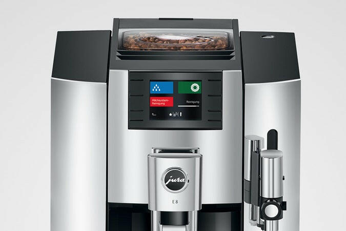Jura | E8 - Fully Automatic Espresso + Coffee Machine featuring sleek design, Professional Aroma Grinder, and TFT display for effortless brewing of 17 specialty coffees.