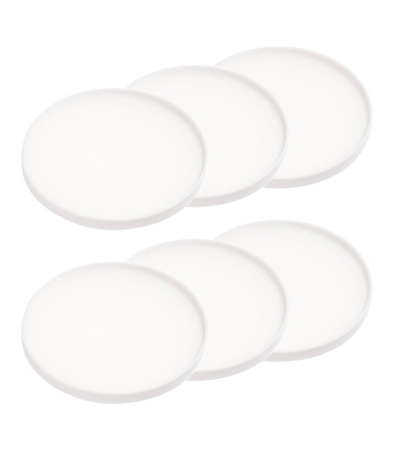 Yamazaki | Tower Silicon Coaster | Set of Six - Round - White, six white coasters with raised rims, ideal for protecting tables from stains and scratches.