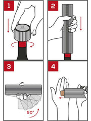 Diagram of using the Peugeot | Line Reverse Corkscrew - Aluminum, illustrating the 4-step process to remove foil from a wine bottle.