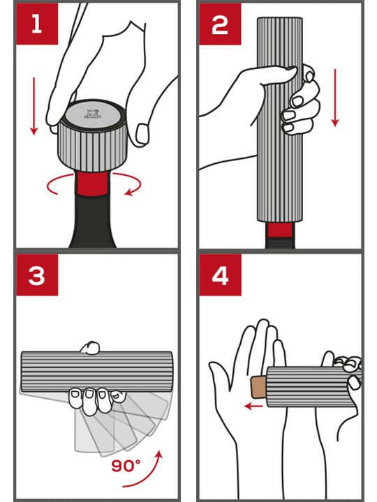 Diagram of using the Peugeot | Line Reverse Corkscrew - Aluminum, illustrating the 4-step process to remove foil from a wine bottle.