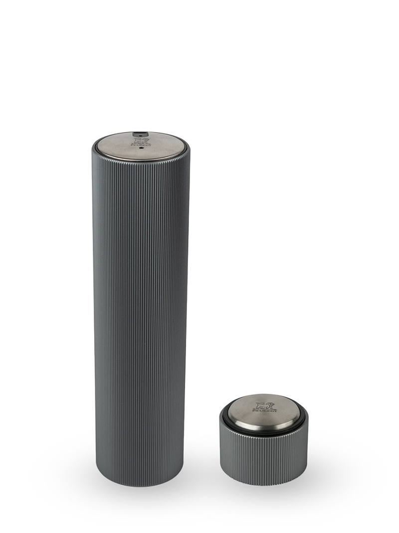 Peugeot | Line Reverse Corkscrew - Carbon: A sleek, rechargeable corkscrew with a ribbed grey metal body and stainless-steel cap, showcasing Peugeot's innovative metalworking.