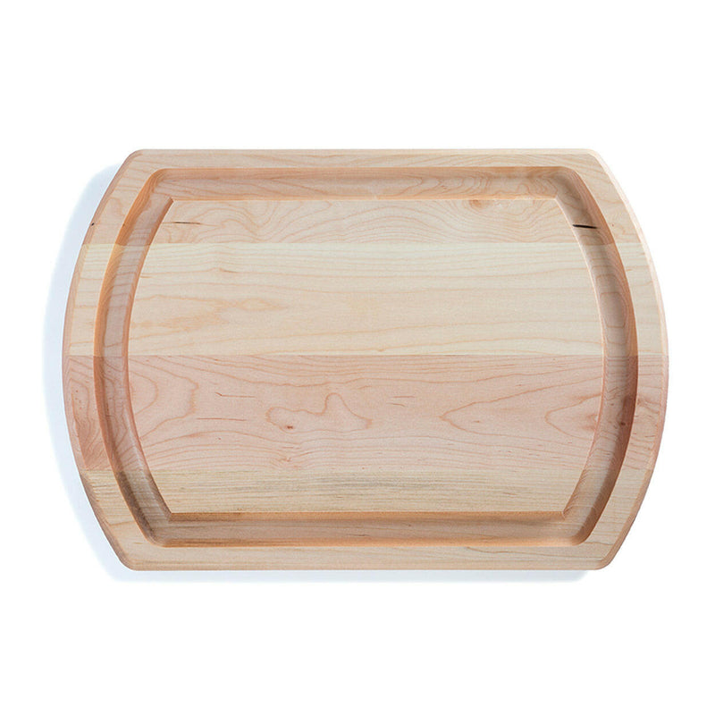 J.K. Adams Turnabout Reversible Carving Board, 20x14 Maple, featuring an indentation for stability and a juice groove, ideal for carving poultry and large items.