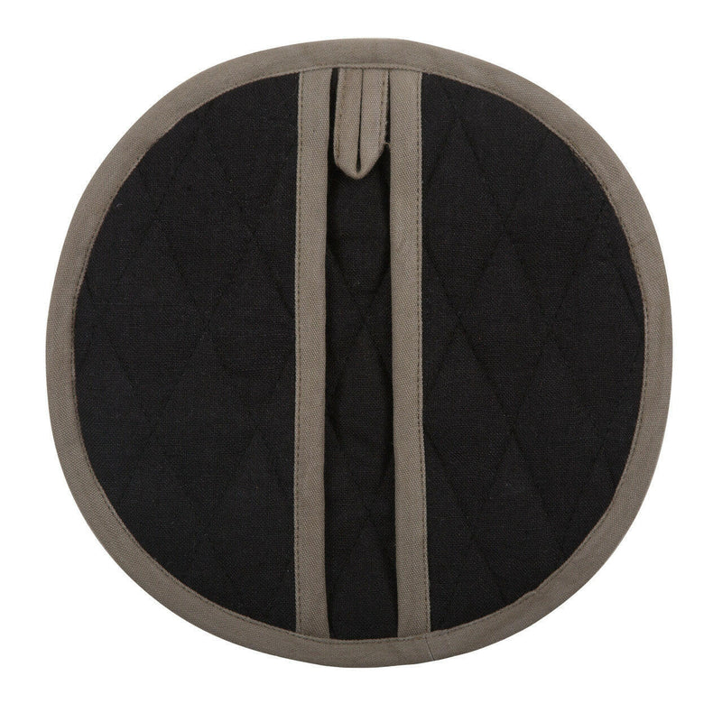 Sir|Madam Linen Pot Holder - Single - Faded Black, a circular linen kitchen mitt, acts as both an oven glove and trivet, enhancing kitchen elegance.