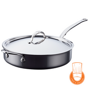 Hestan NanoBond | Cookware - 5qt Essential Pan + Lid features a durable stainless-steel sauté pan with ergonomic handle, matching lid, and Chef’s Special badge.