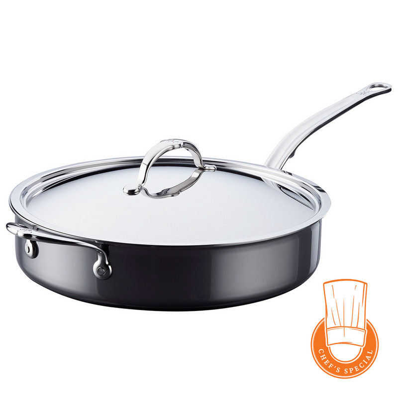 Hestan NanoBond | Cookware - 5qt Essential Pan + Lid features a durable stainless-steel sauté pan with ergonomic handle, matching lid, and Chef’s Special badge.