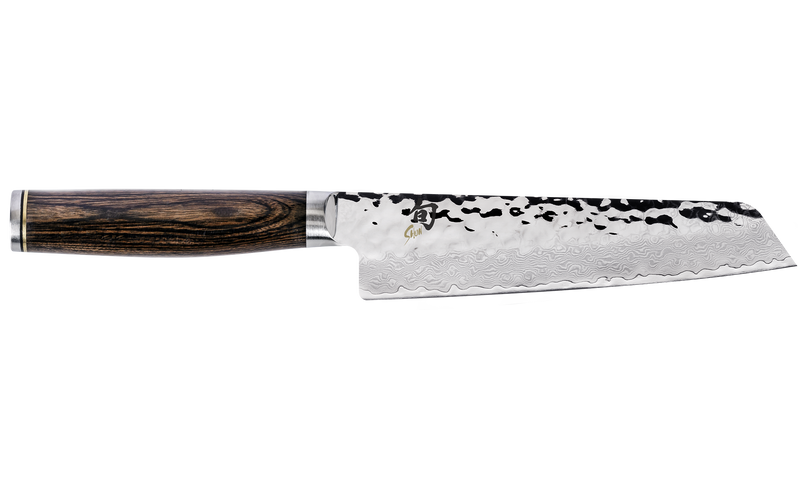 Shun | Premier Knife Series - Premier Combination Honing Steel - Walnut: A Santoku-style chef's knife with hammered finish, damascus layering, and dark wooden handle.