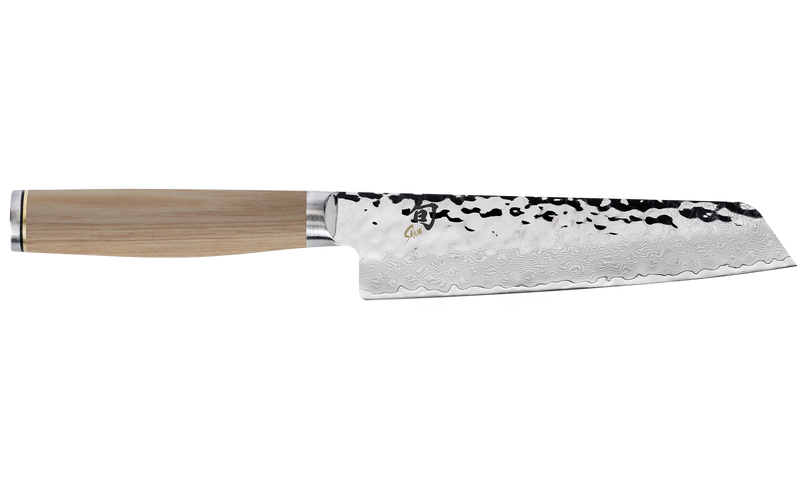 Shun | Premier Knife Series - Premier Combination Honing Steel features a Damascus steel gyuto with a tsuchime finish and D-shaped wooden handle, showcasing meticulous craftsmanship.