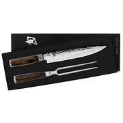Shun | Premier Carving Set - Walnut: Includes a hammered-finish slicing knife and two-tine fork with dark Pakkawood handles, packaged in a sleek gift box.
