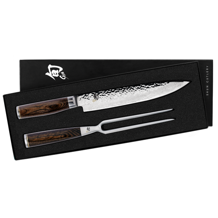 Shun | Premier Carving Set - Walnut: Includes a hammered-finish slicing knife and two-tine fork with dark Pakkawood handles, packaged in a sleek gift box.