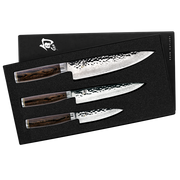 Shun | Premier 3-Piece Starter Set - Walnut features three Japanese-style knives with hammered blades and dark wood handles, elegantly boxed for gifting or culinary beginnings.