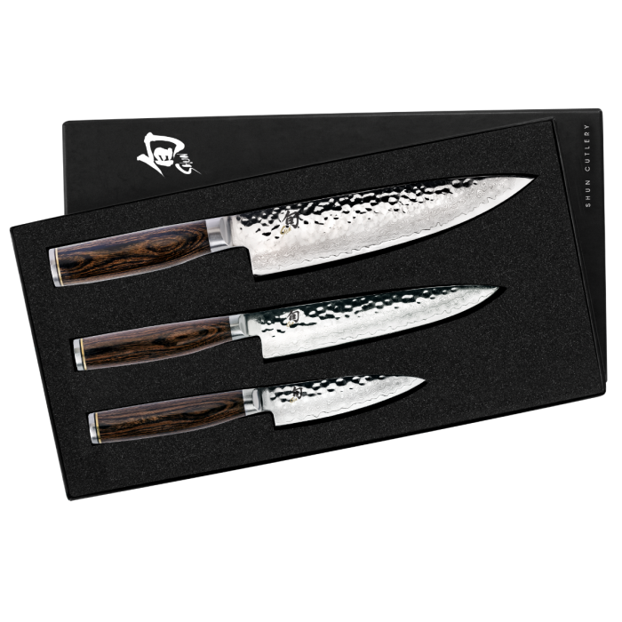 Shun | Premier 3-Piece Starter Set - Walnut features three Japanese-style knives with hammered blades and dark wood handles, elegantly boxed for gifting or culinary beginnings.