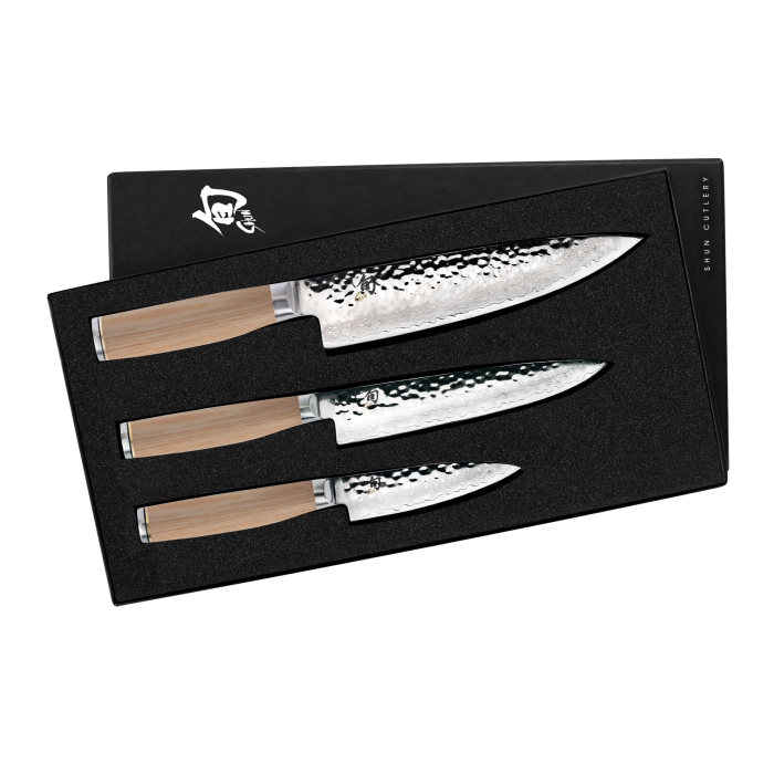 Shun | Premier 3-Piece Starter Set - Blonde features three Japanese-style kitchen knives with hammered blades and light wood handles in a presentation gift box.