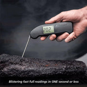 ThermoWorks Thermapen ONE - Purple, featuring a new battery compartment, auto-rotating display, motion-sensing mode, and waterproof design, offering precise, rapid temperature readings.