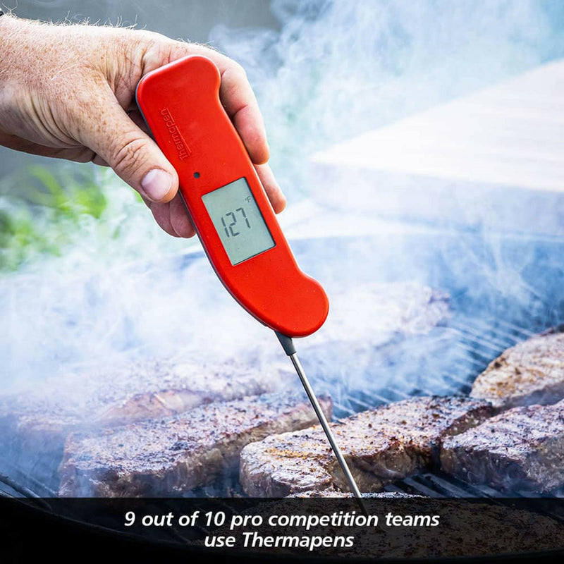ThermoWorks Thermapen ONE - Purple, featuring a new battery compartment, auto-rotating display, and motion-sensing modes, offers precise, sub-second temperature readings for culinary precision.